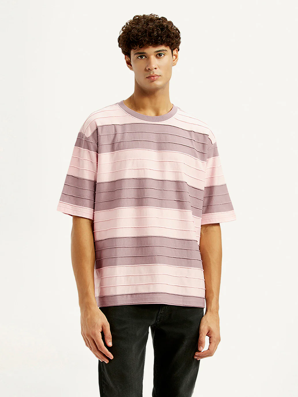 Men's Striped Mauve Loose Fit T-shirt - Image 2