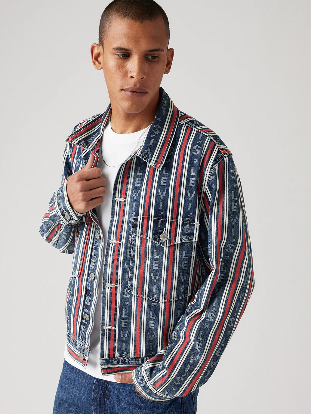Men's Striped Multicolor Denim Jacket - Image 2