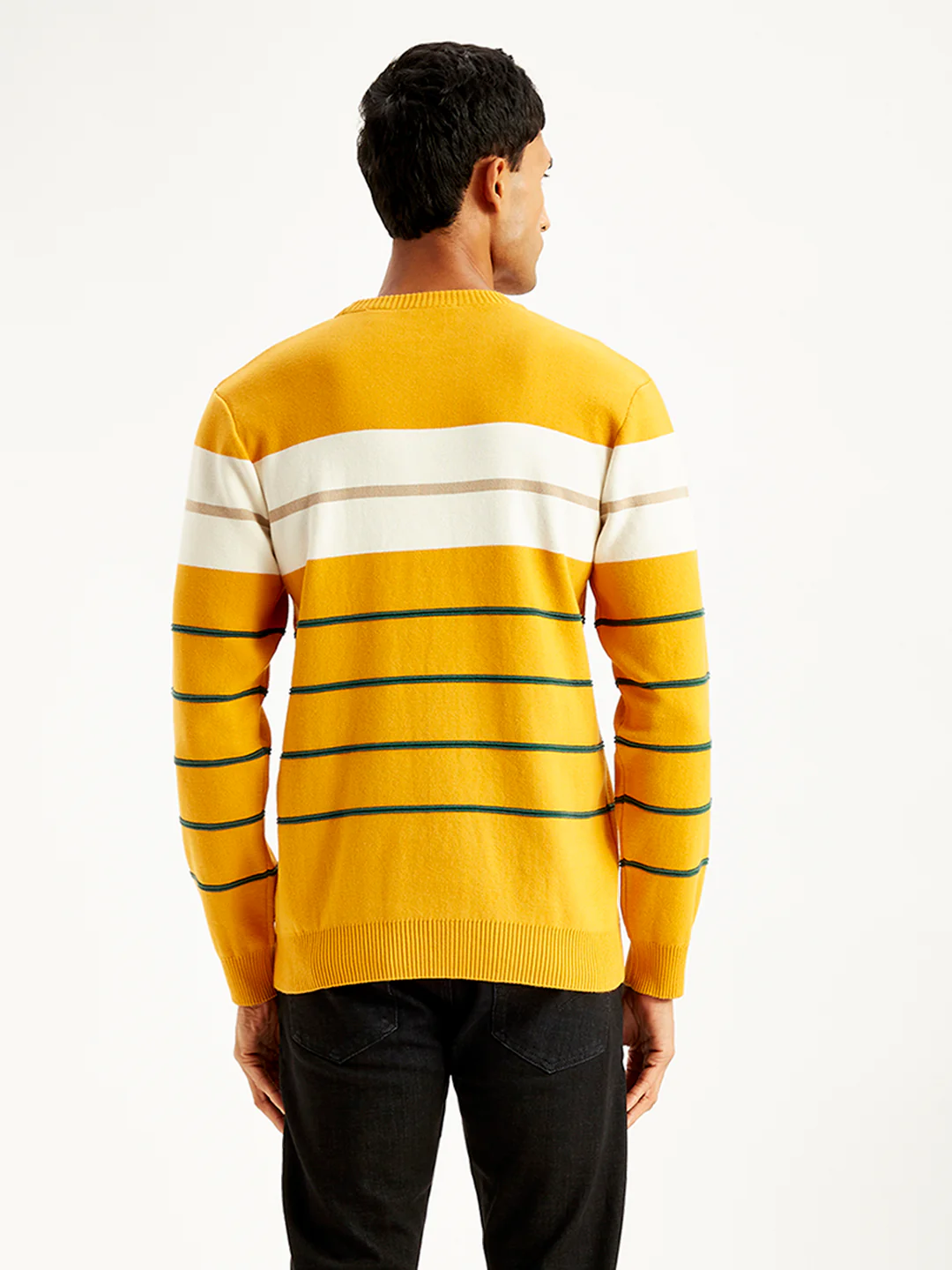 Men's Striped Mustard Crew Neck Sweater - Image 3