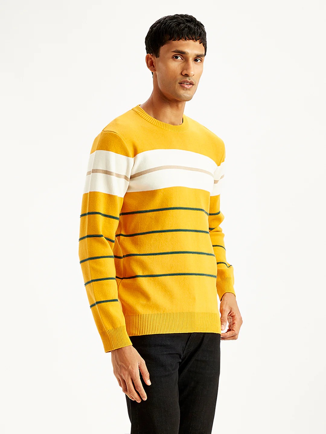 Men's Striped Mustard Crew Neck Sweater - Image 4