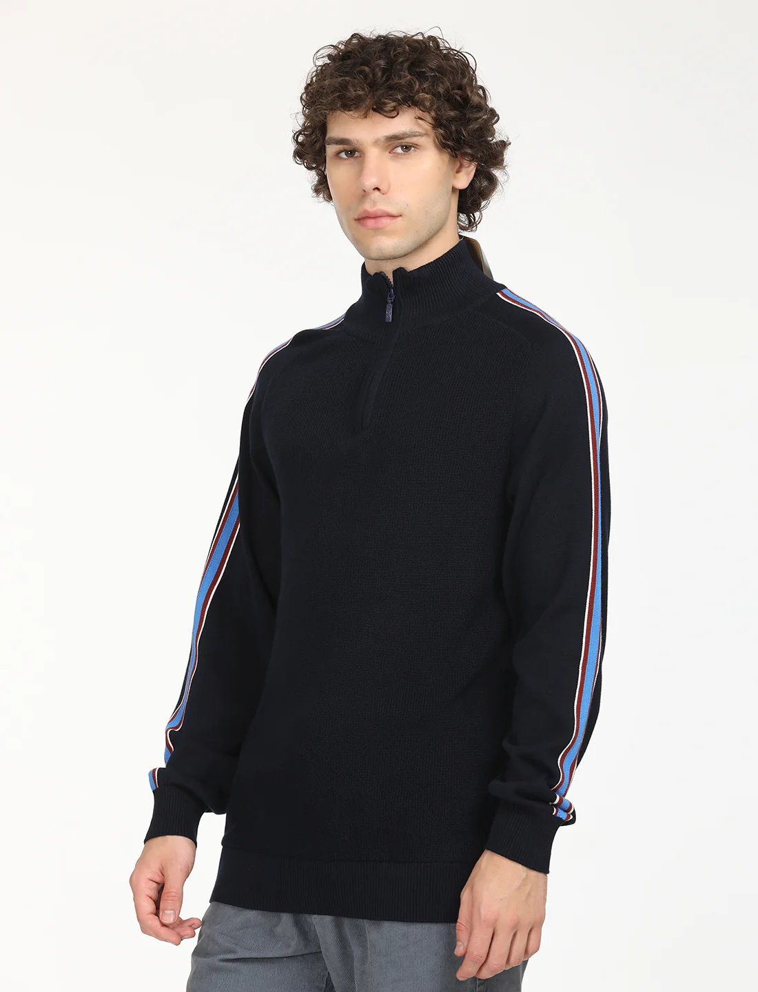 Men's Striped Navy High Neck Sweater - Image 2