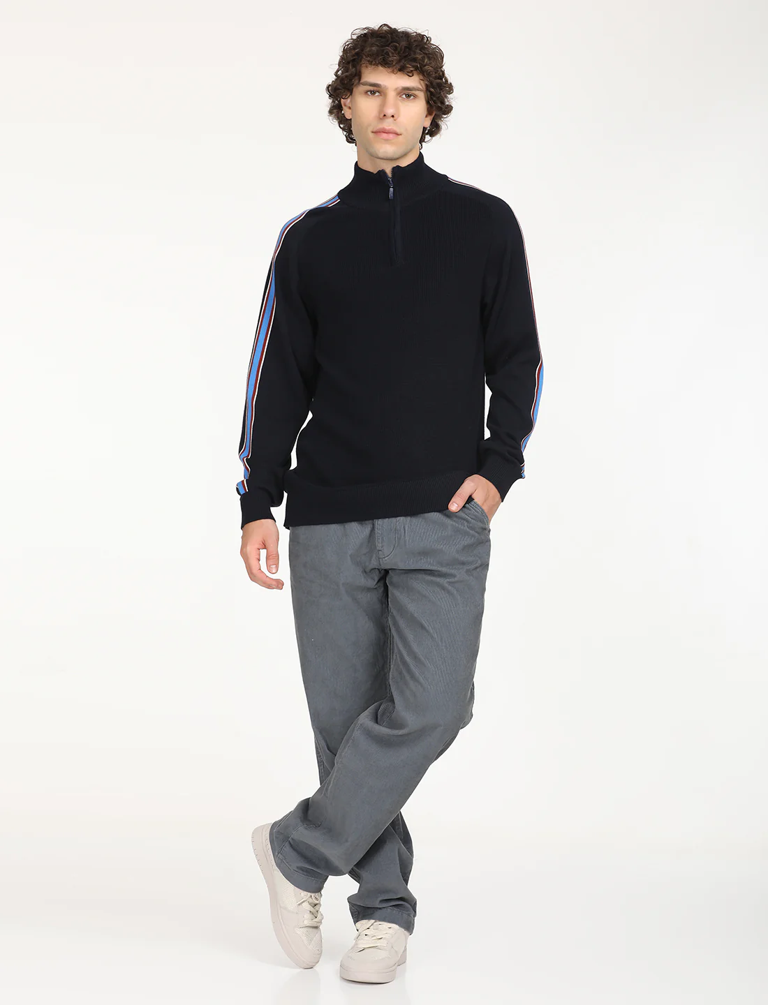 Men's Striped Navy High Neck Sweater - Image 6