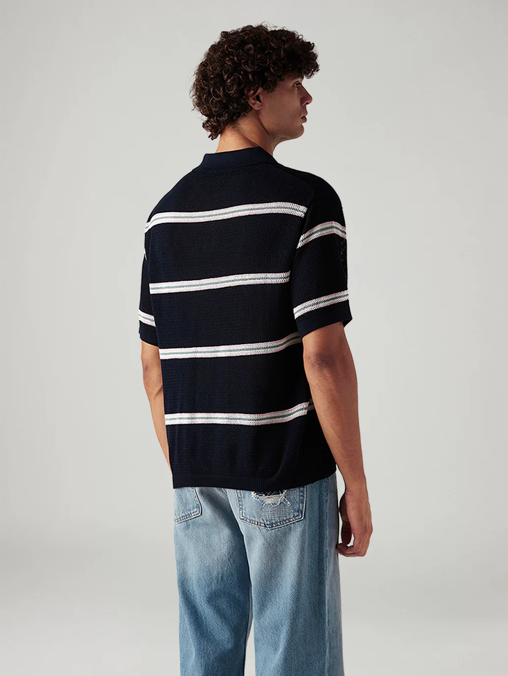 Men's Striped Navy Loose Fit Polo T-shirt - Image 2