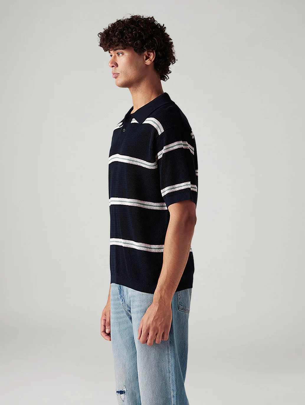 Men's Striped Navy Loose Fit Polo T-shirt - Image 3
