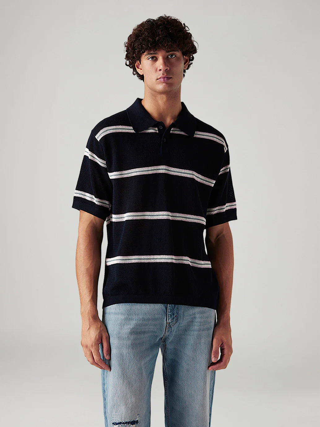Men's Striped Navy Loose Fit Polo T-shirt - Image 5