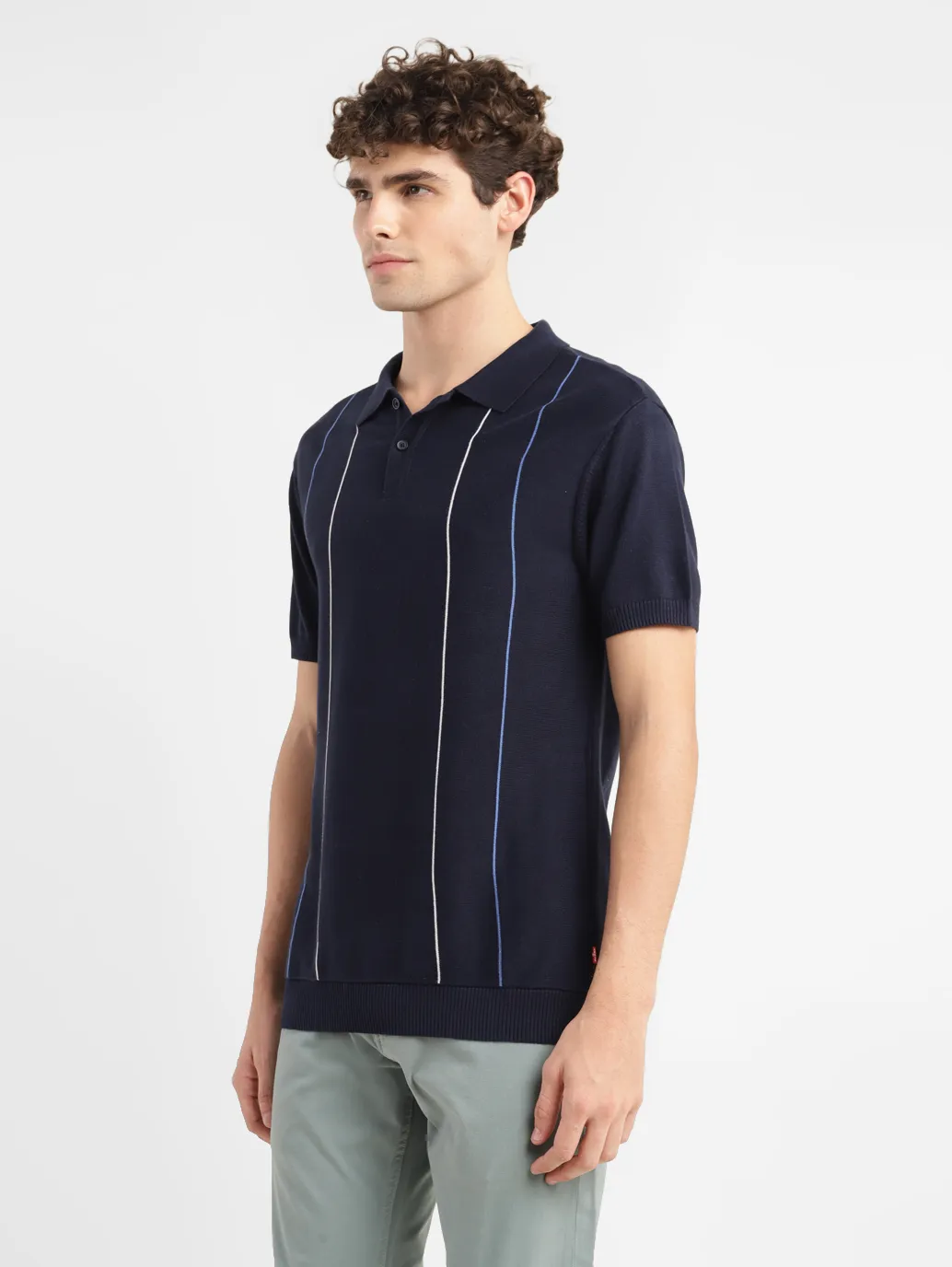 Men's Striped Navy Polo Collar Sweater - Image 4