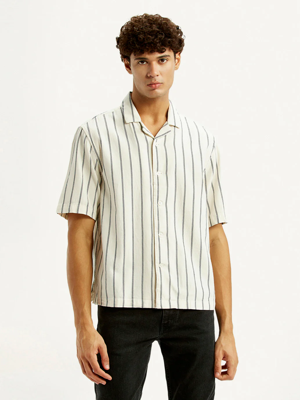 Men's Striped Off White Boxy Fit Camp Shirt - Image 2