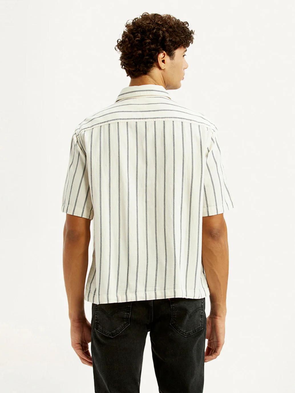 Men's Striped Off White Boxy Fit Camp Shirt - Image 3