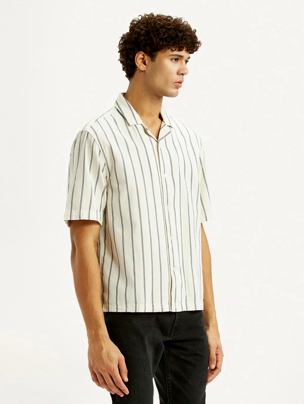 Men's Striped Off White Boxy Fit Camp Shirt - Image 5