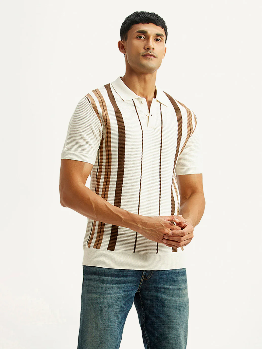 Men's Striped Off White Polo T-shirt