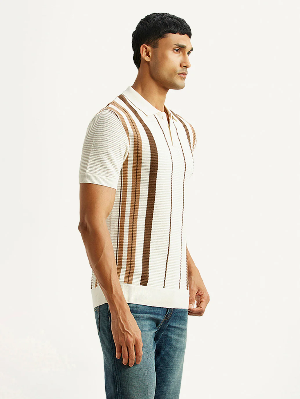 Men's Striped Off White Polo T-shirt - Image 5