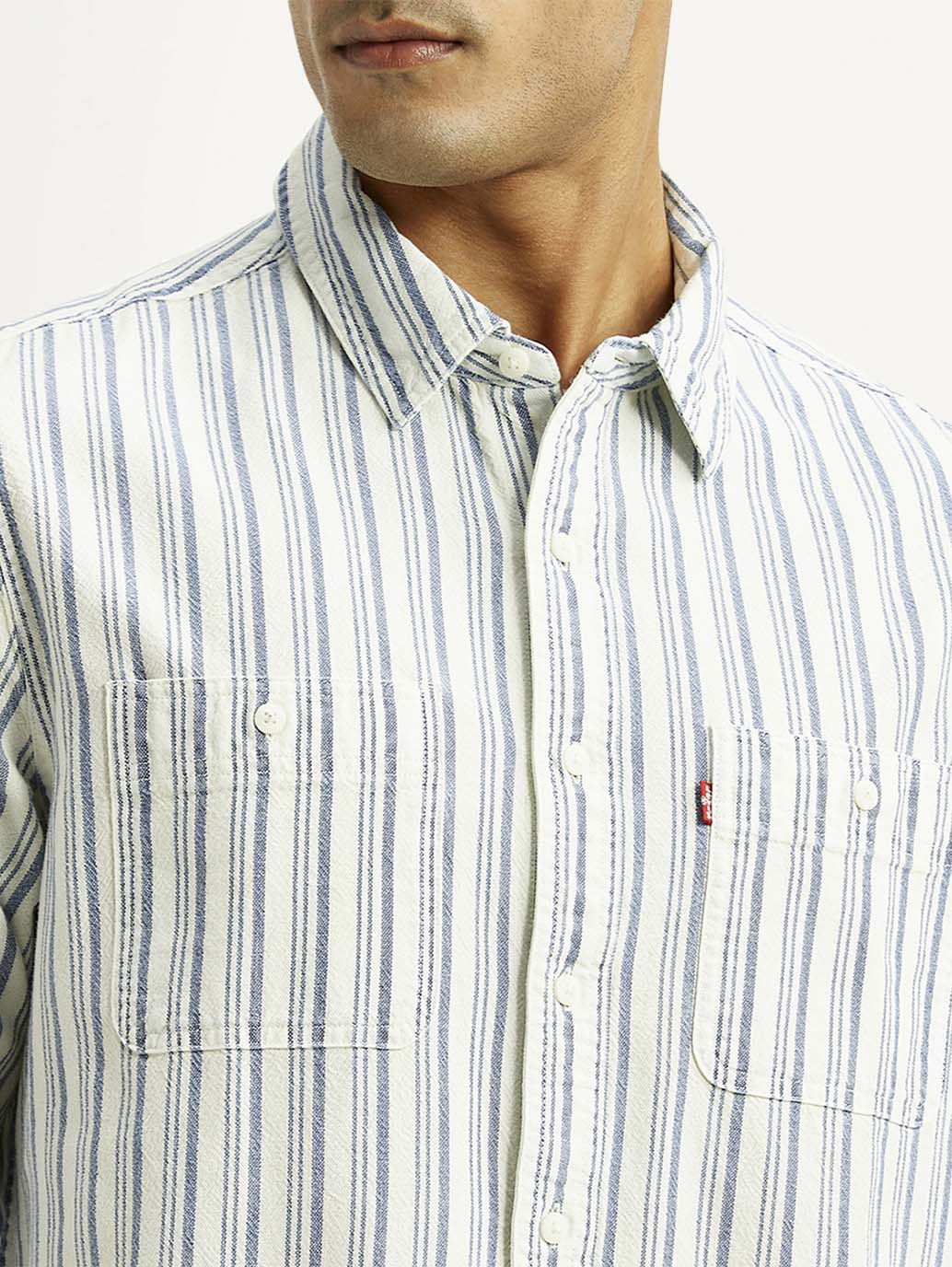 Men's Striped Off White Relaxed Fit Shirt - Image 3