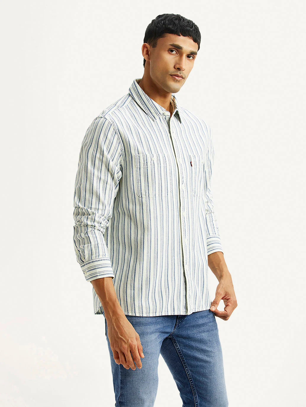 Men's Striped Off White Relaxed Fit Shirt - Image 4