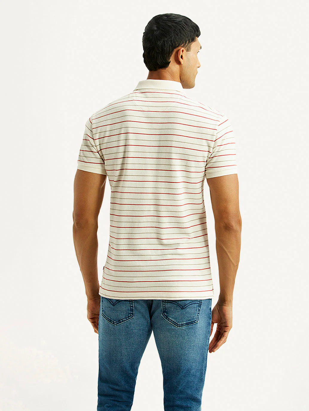 Men's Striped Off White Slim Fit Polo T-shirt - Image 2
