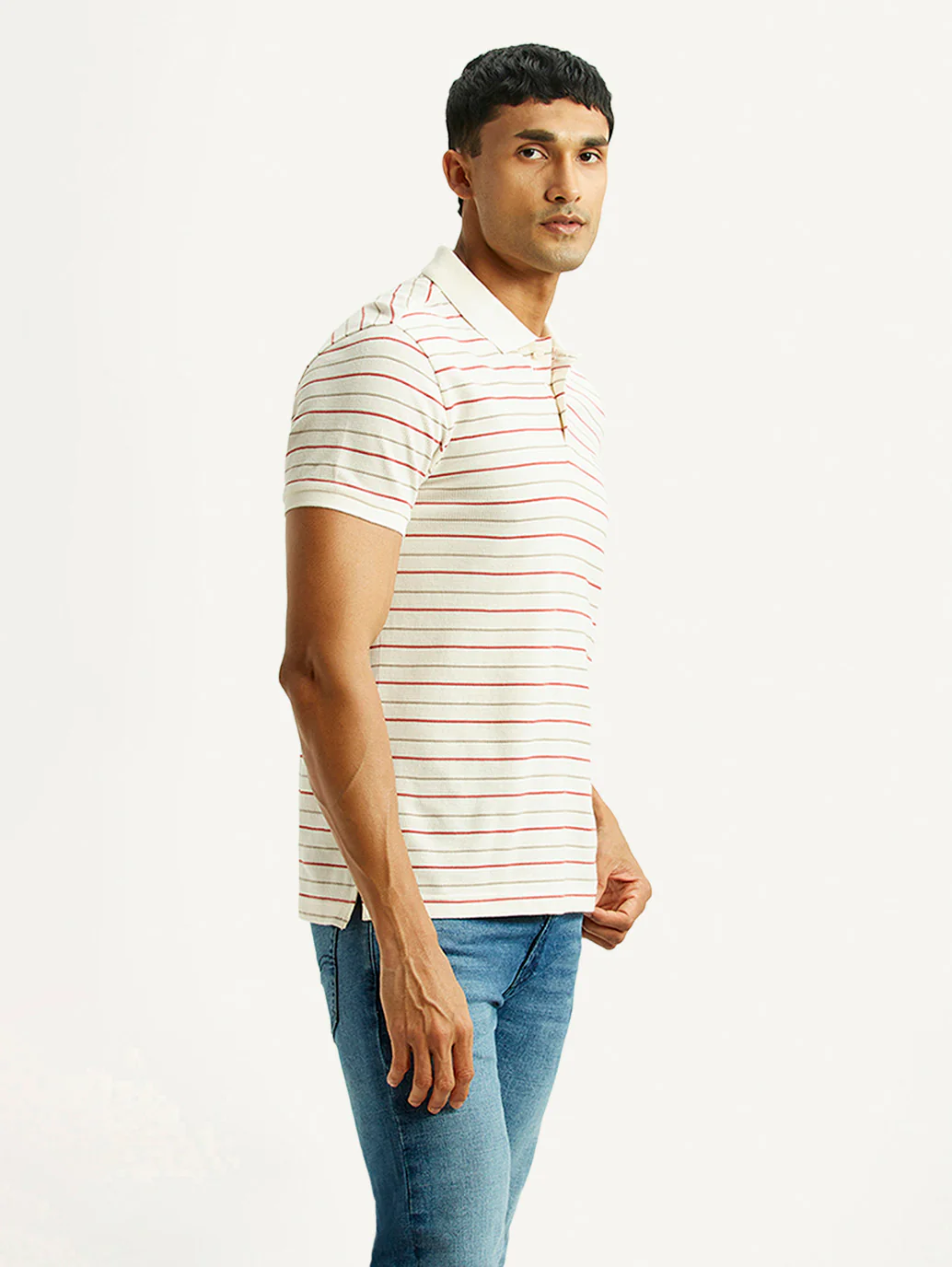 Men's Striped Off White Slim Fit Polo T-shirt - Image 3