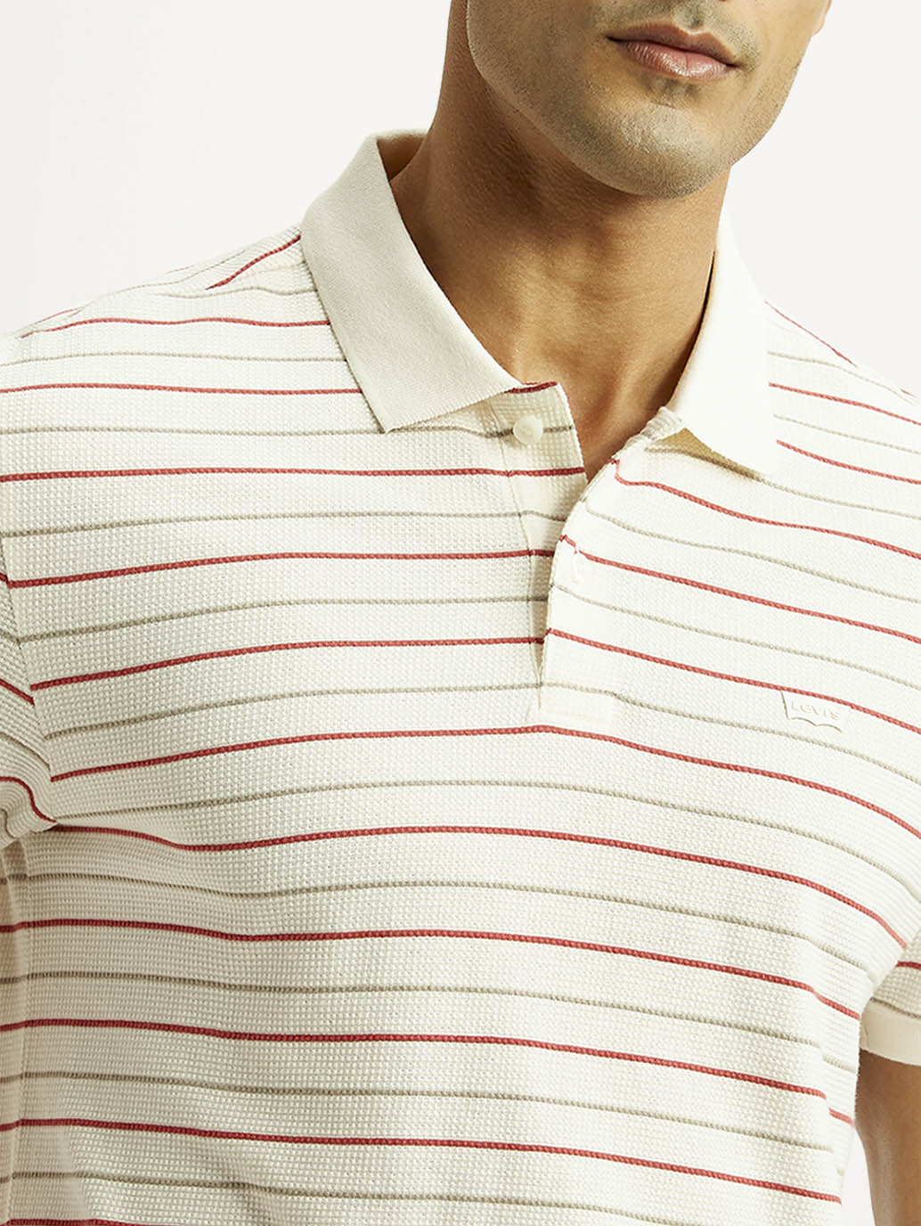 Men's Striped Off White Slim Fit Polo T-shirt - Image 4