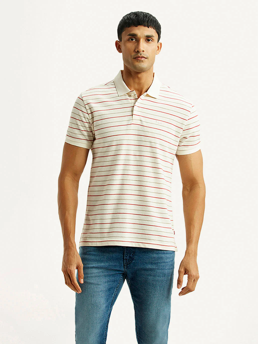 Men's Striped Off White Slim Fit Polo T-shirt - Image 5