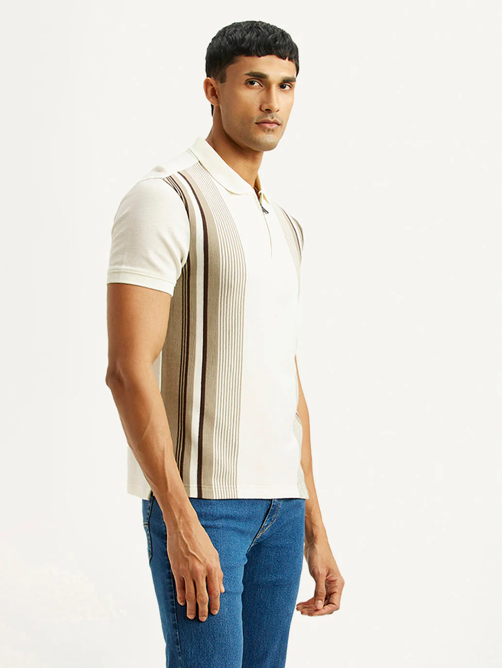 Men's Striped Off White Slim Fit Polo T-shirt - Image 3