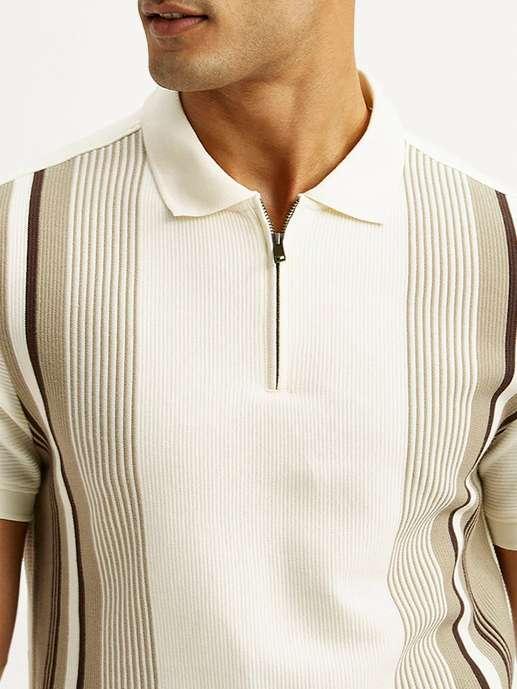 Men's Striped Off White Slim Fit Polo T-shirt - Image 4