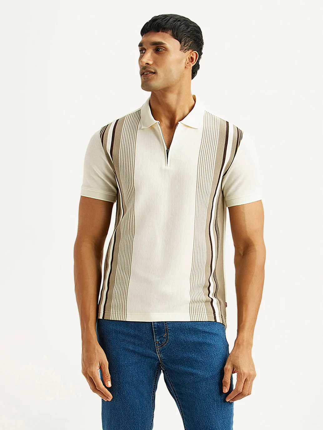 Men's Striped Off White Slim Fit Polo T-shirt - Image 5