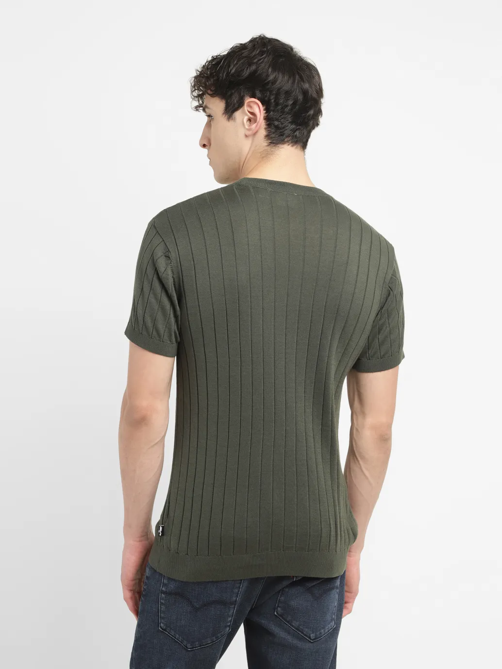 Men's Redloop Striped Olive Crew Neck Sweater - Image 3