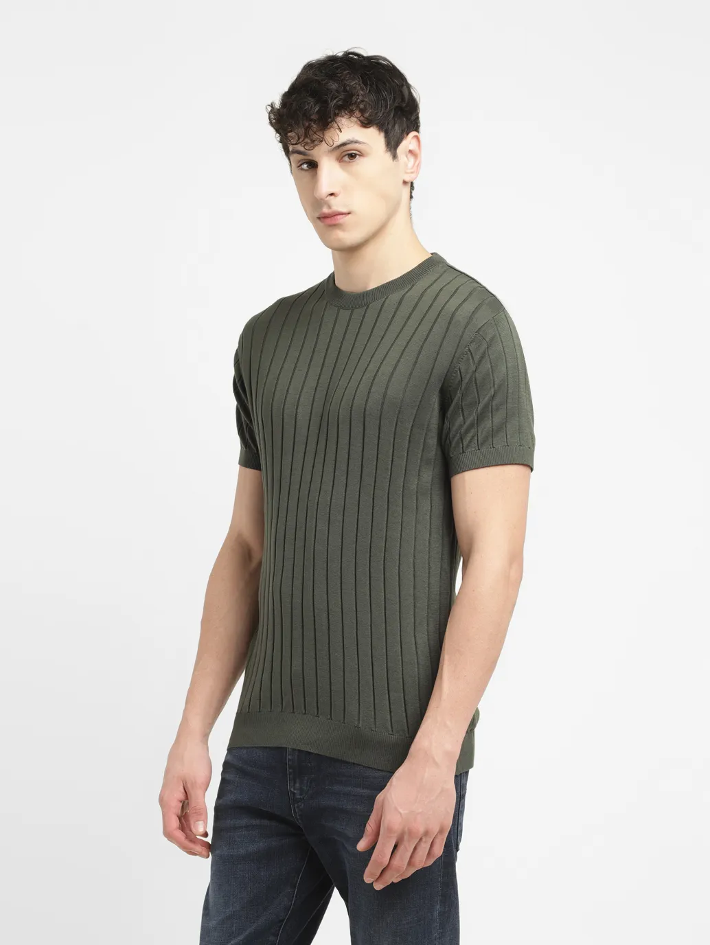 Men's Redloop Striped Olive Crew Neck Sweater - Image 4