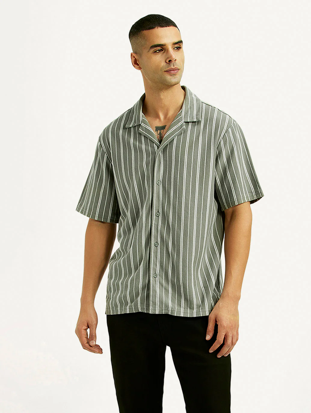Men's Striped Olive Relaxed Fit Camp Shirt