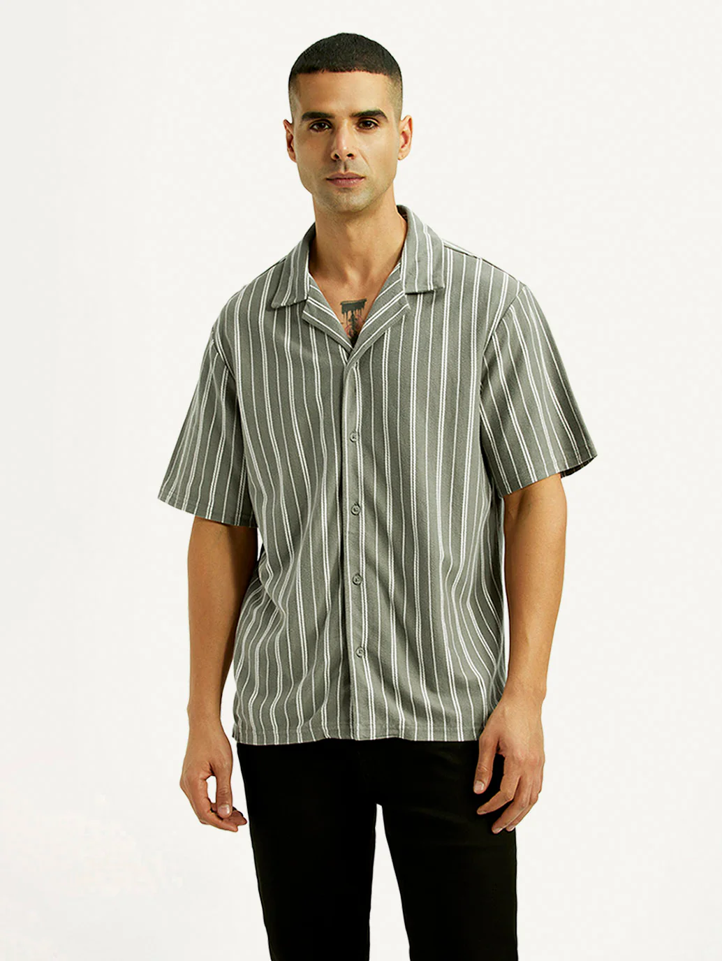 Men's Striped Olive Relaxed Fit Camp Shirt - Image 2