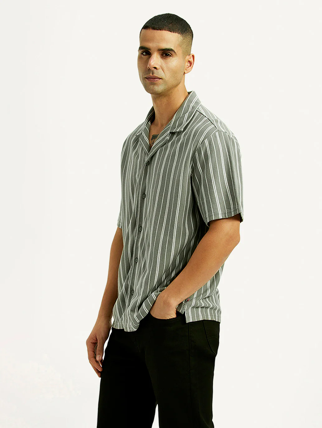 Men's Striped Olive Relaxed Fit Camp Shirt - Image 5