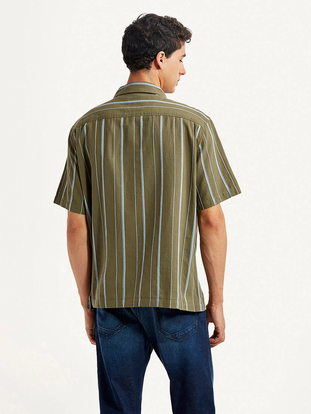 Men's Striped Olive Relaxed Fit Camp Shirt - Image 2