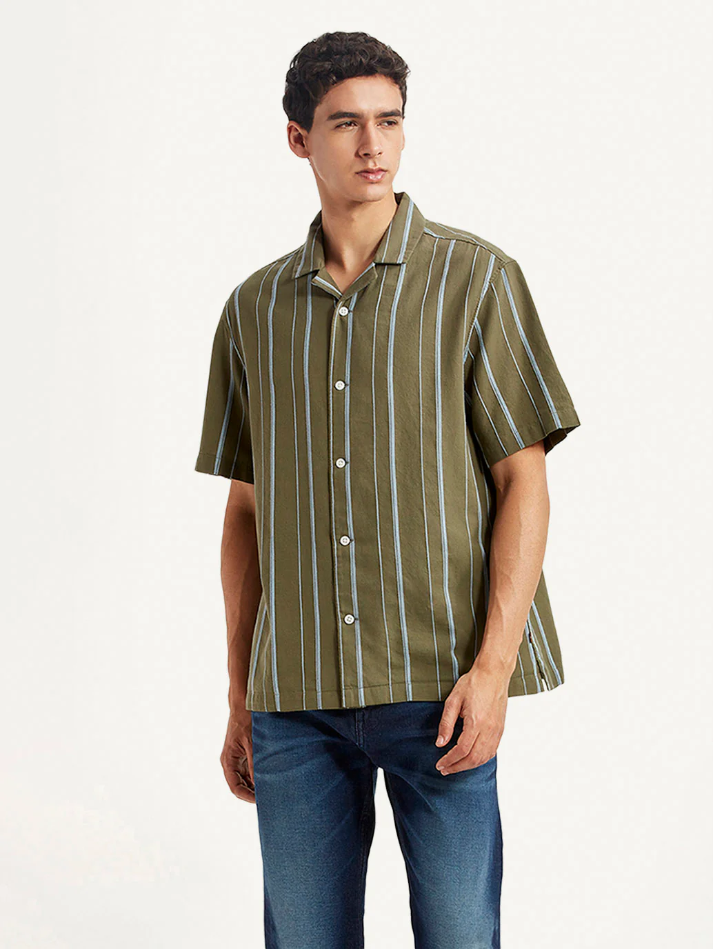 Men's Striped Olive Relaxed Fit Camp Shirt - Image 3