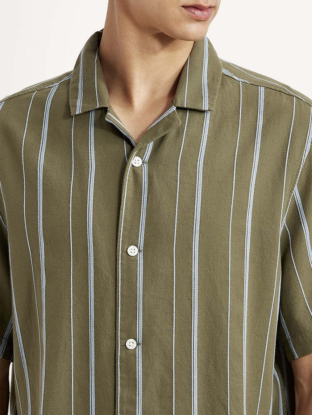 Men's Striped Olive Relaxed Fit Camp Shirt - Image 4