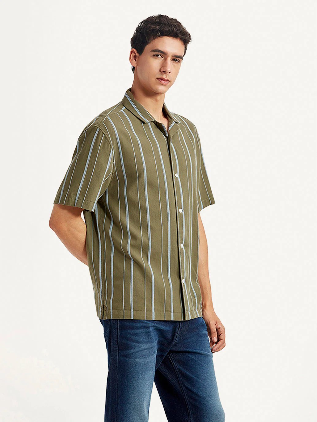 Men's Striped Olive Relaxed Fit Camp Shirt - Image 5