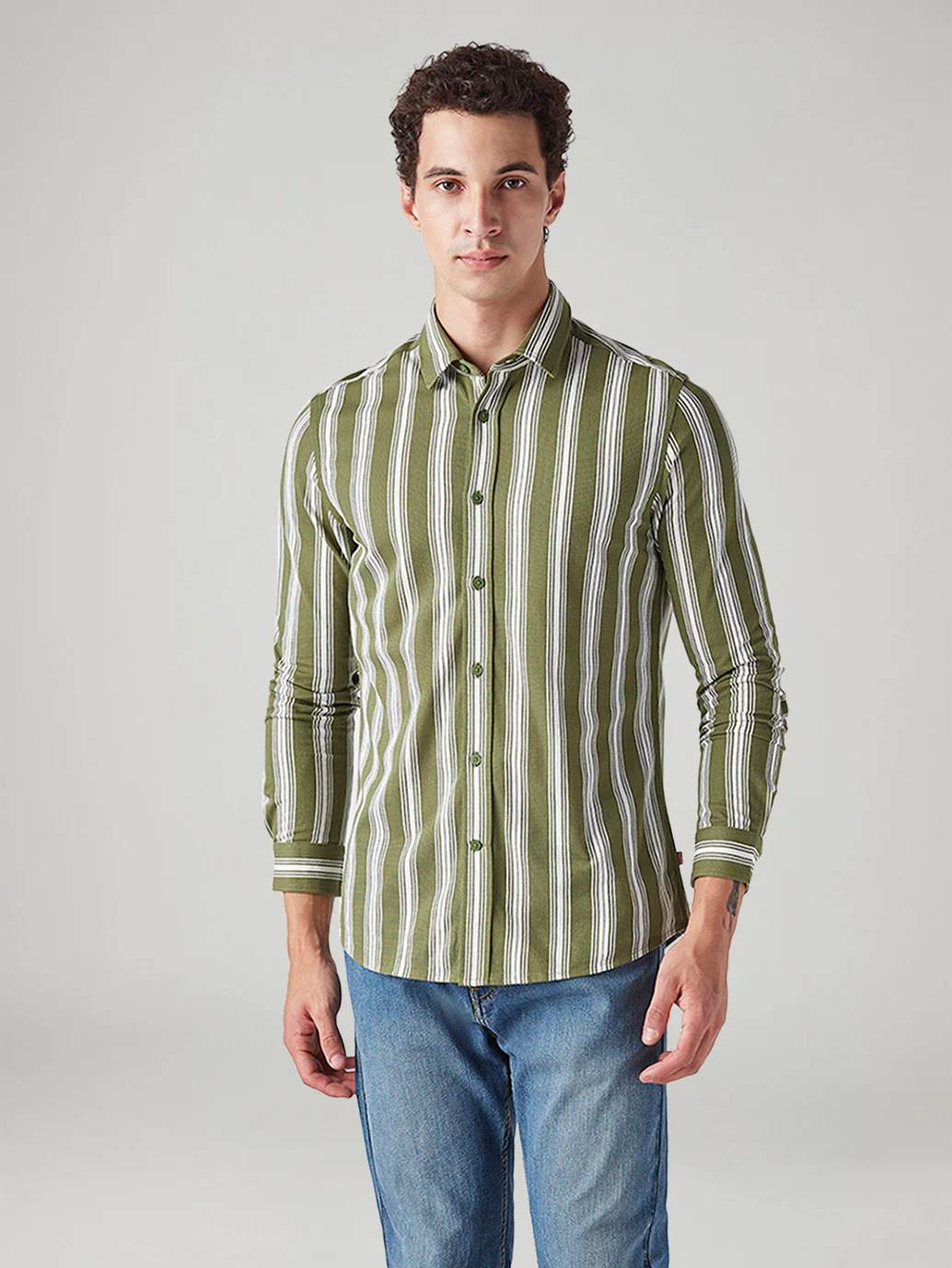 Men's Striped Olive Slim Fit Knitted Shirt - Image 2