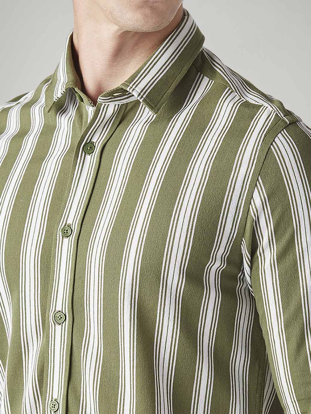 Men's Striped Olive Slim Fit Knitted Shirt - Image 4