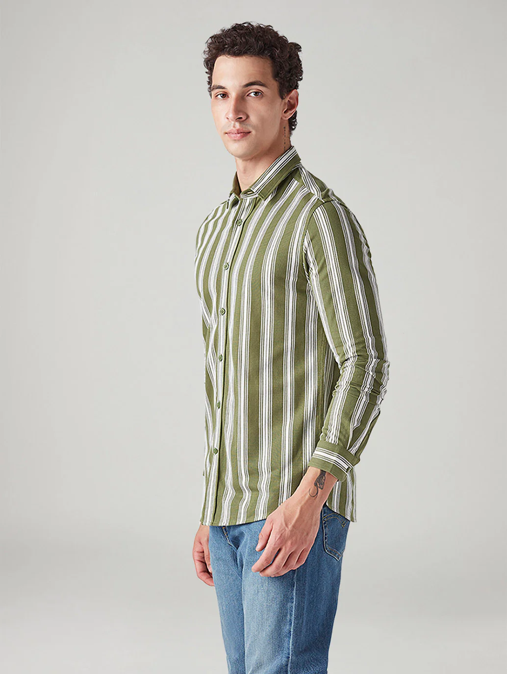 Men's Striped Olive Slim Fit Knitted Shirt - Image 5