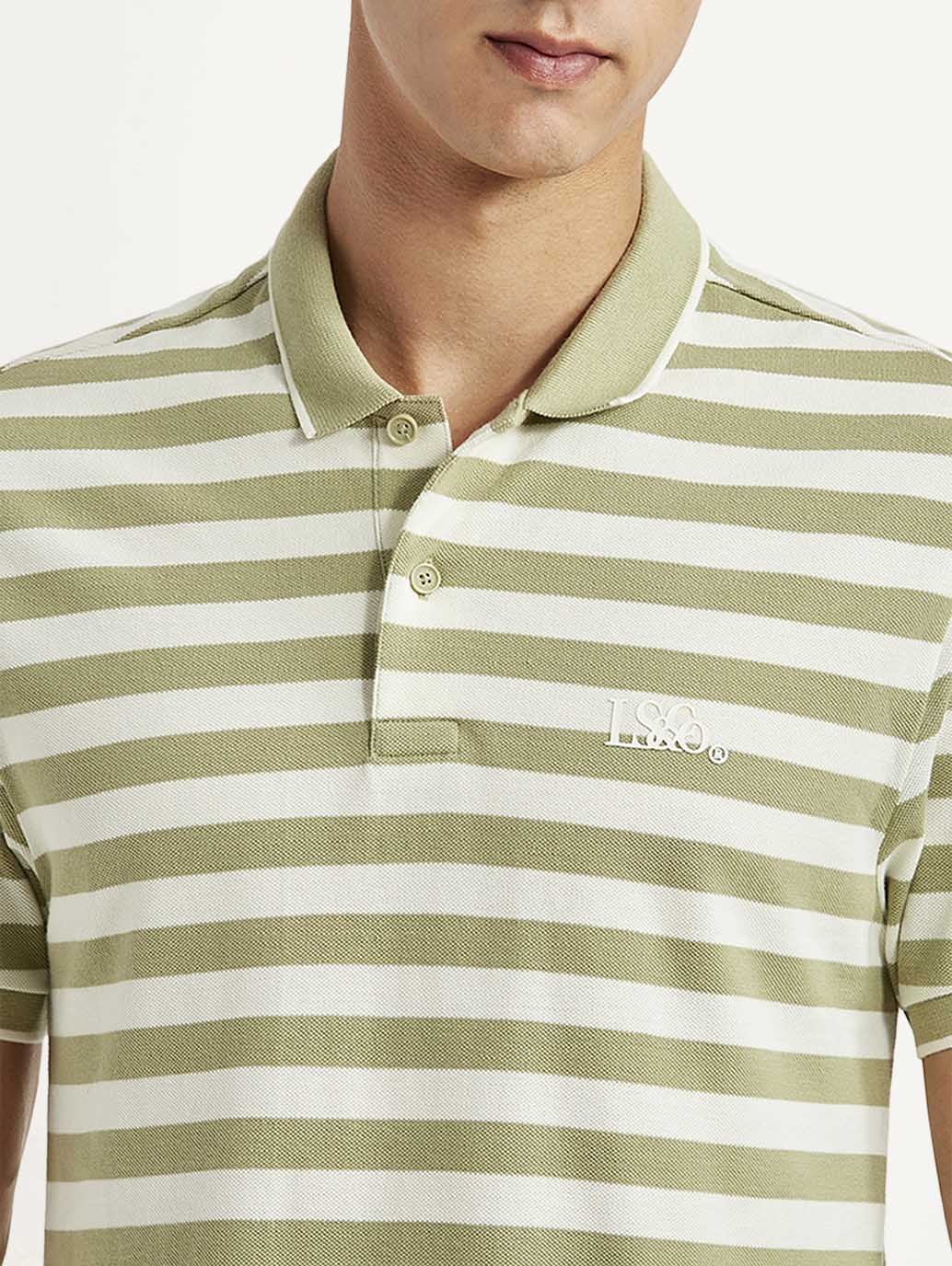 Men's Striped Olive Slim Fit Polo T-shirt - Image 3