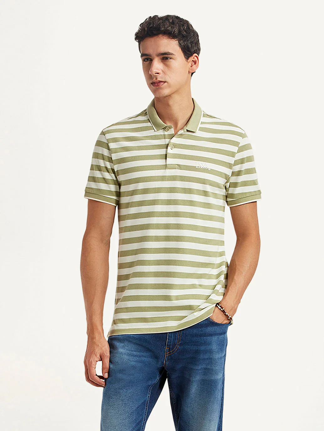 Men's Striped Olive Slim Fit Polo T-shirt - Image 4