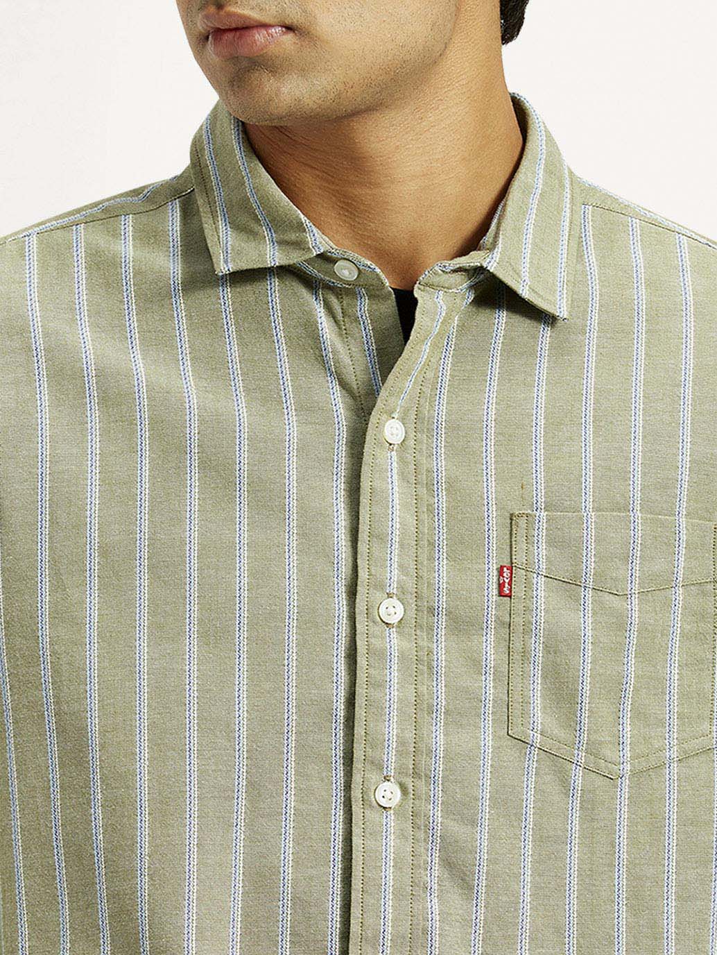 Men's Striped Olive Green Slim Fit Shirt - Image 3