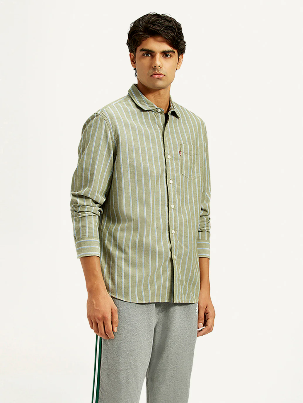 Men's Striped Olive Green Slim Fit Shirt - Image 4