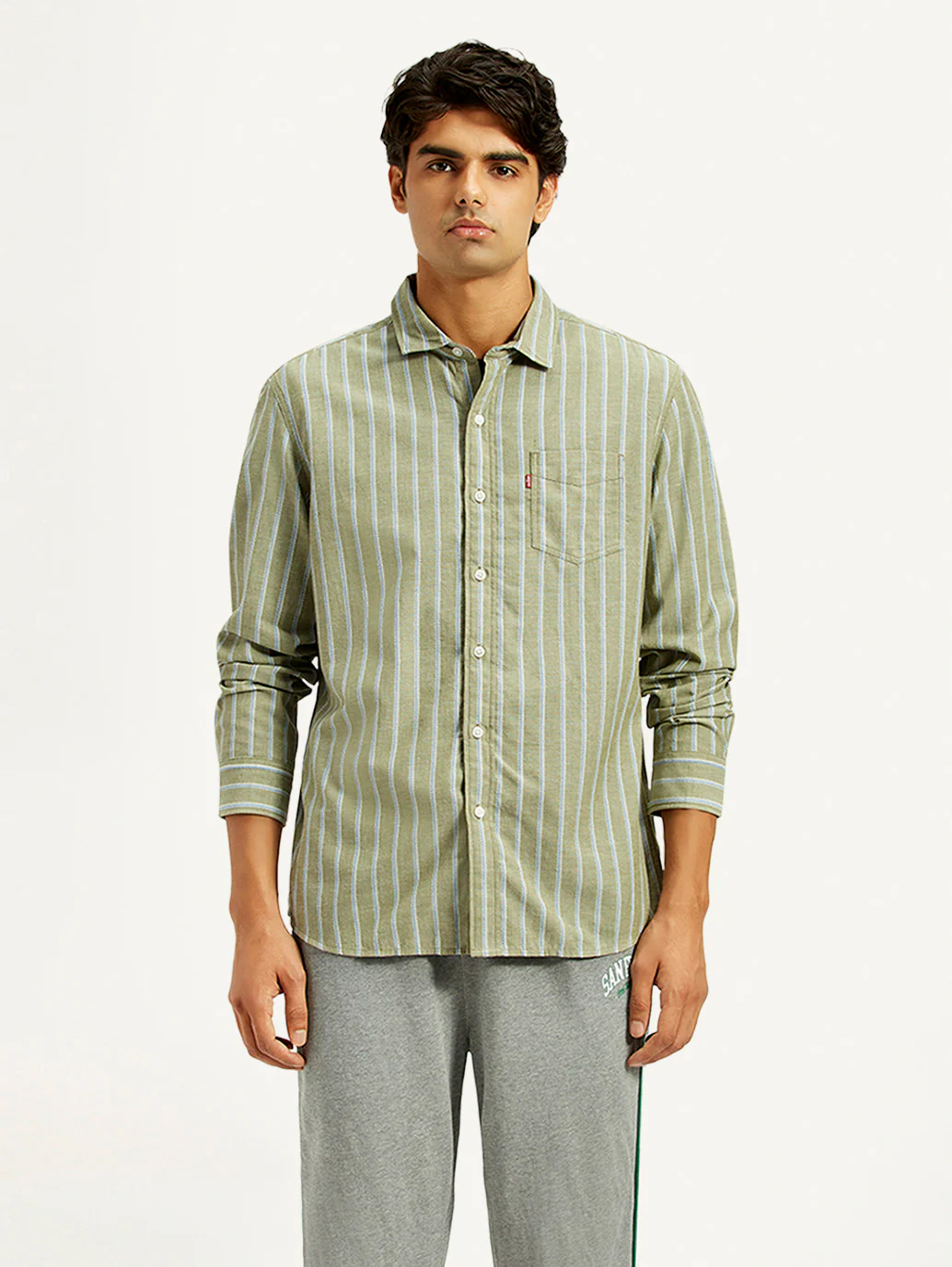 Men's Striped Olive Green Slim Fit Shirt - Image 5