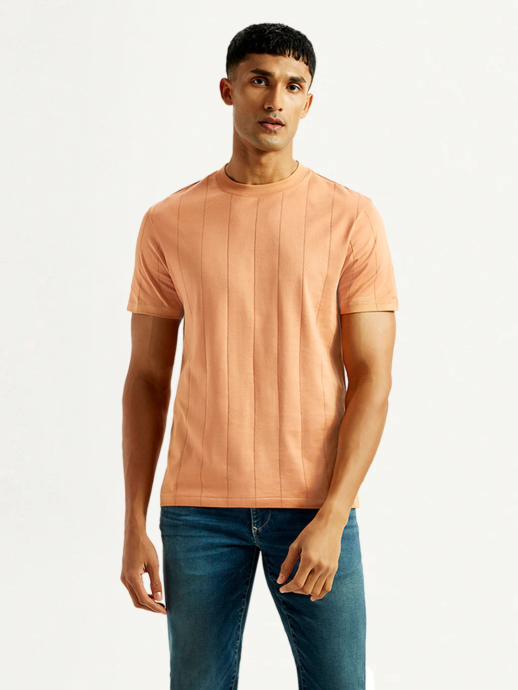 Men's Striped Peach Crew Neck T-shirt - Image 2