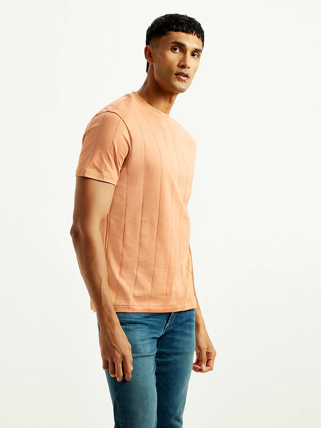 Men's Striped Peach Crew Neck T-shirt - Image 5