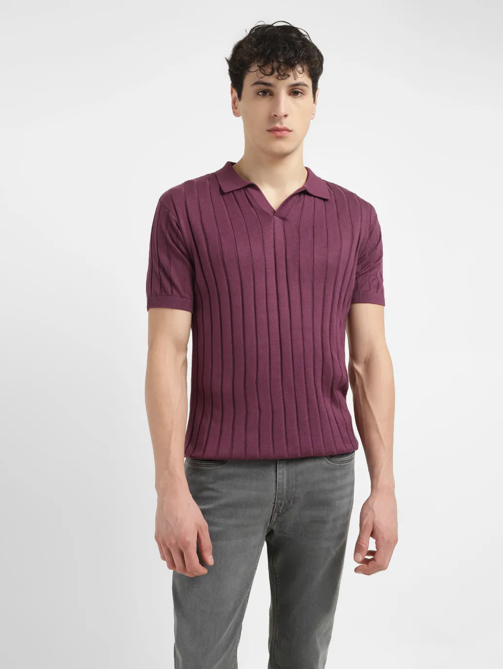 Men's Redloop Striped Purple Polo Collar Sweater - Image 6
