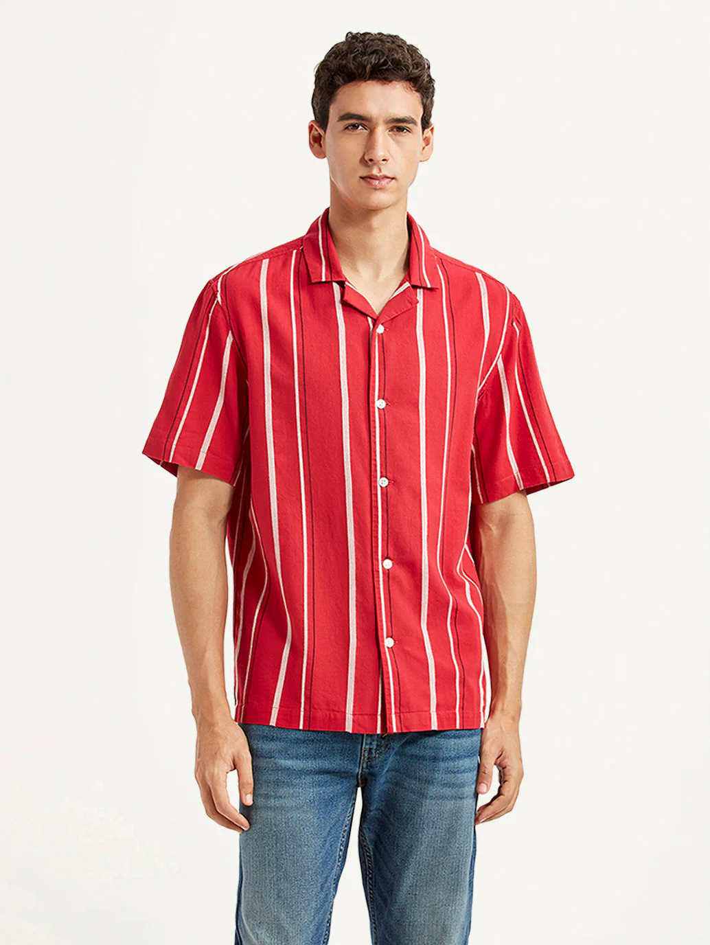 Men's Striped Red Relaxed Fit Camp Shirt