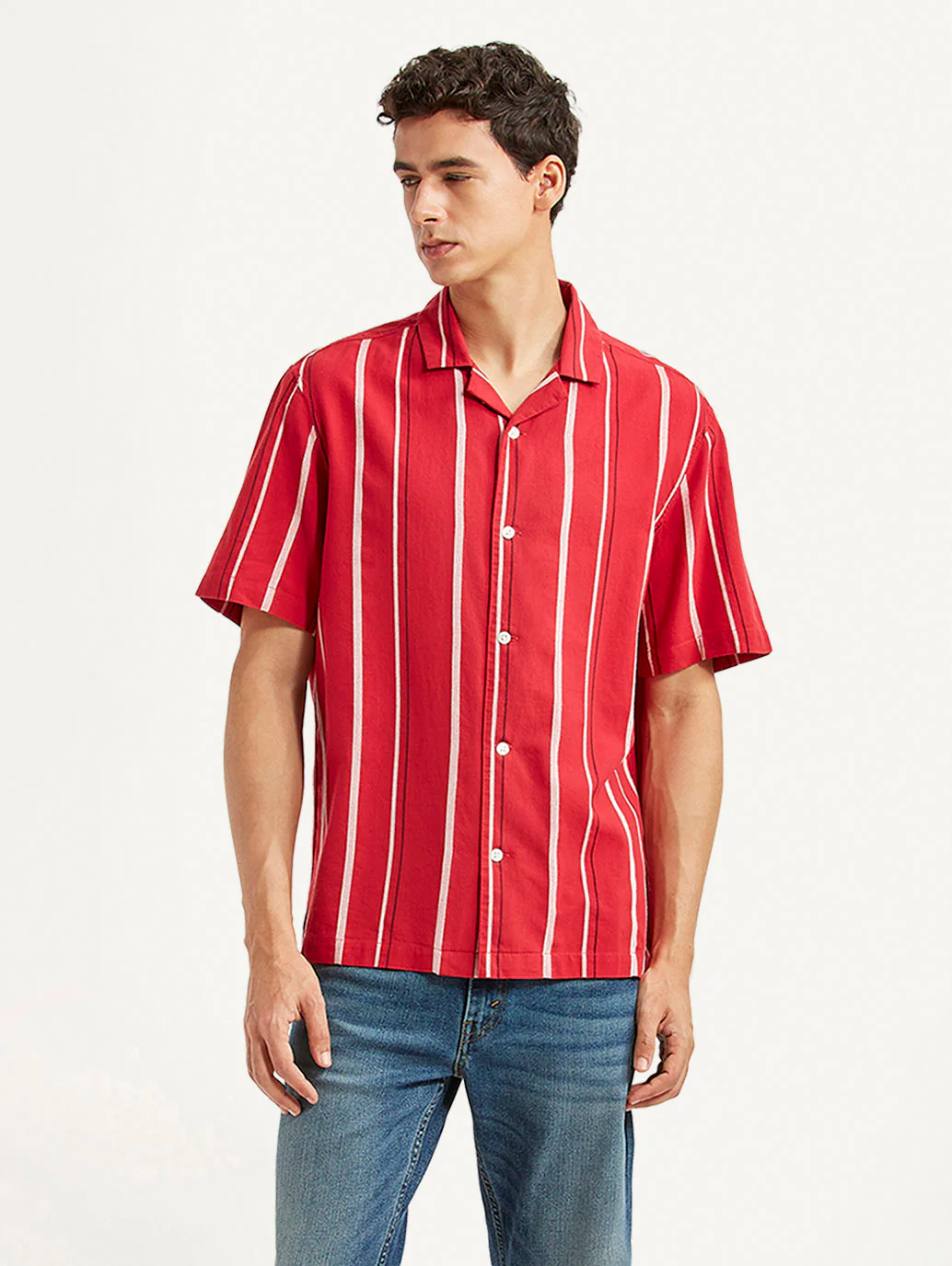 Men's Striped Red Relaxed Fit Camp Shirt - Image 5