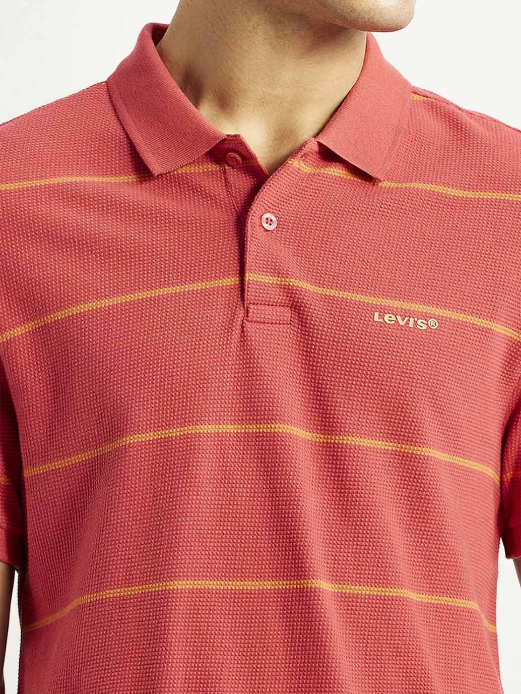 Men's Striped Red Slim Fit Polo T-shirt - Image 3