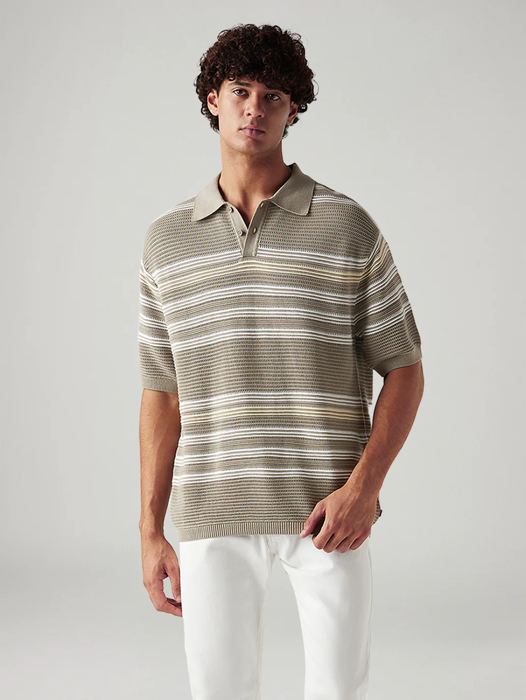 Men's Striped Taupe Loose Fit Polo T-shirt