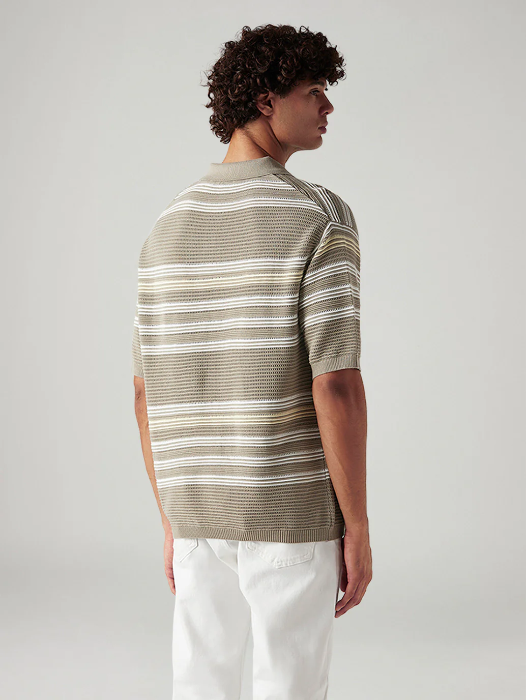 Men's Striped Taupe Loose Fit Polo T-shirt - Image 2