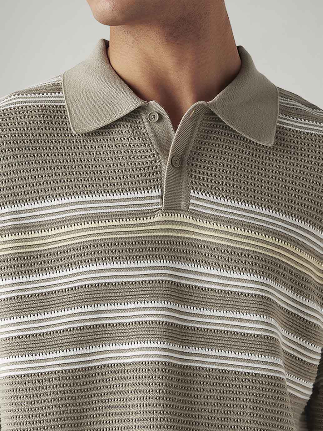 Men's Striped Taupe Loose Fit Polo T-shirt - Image 3